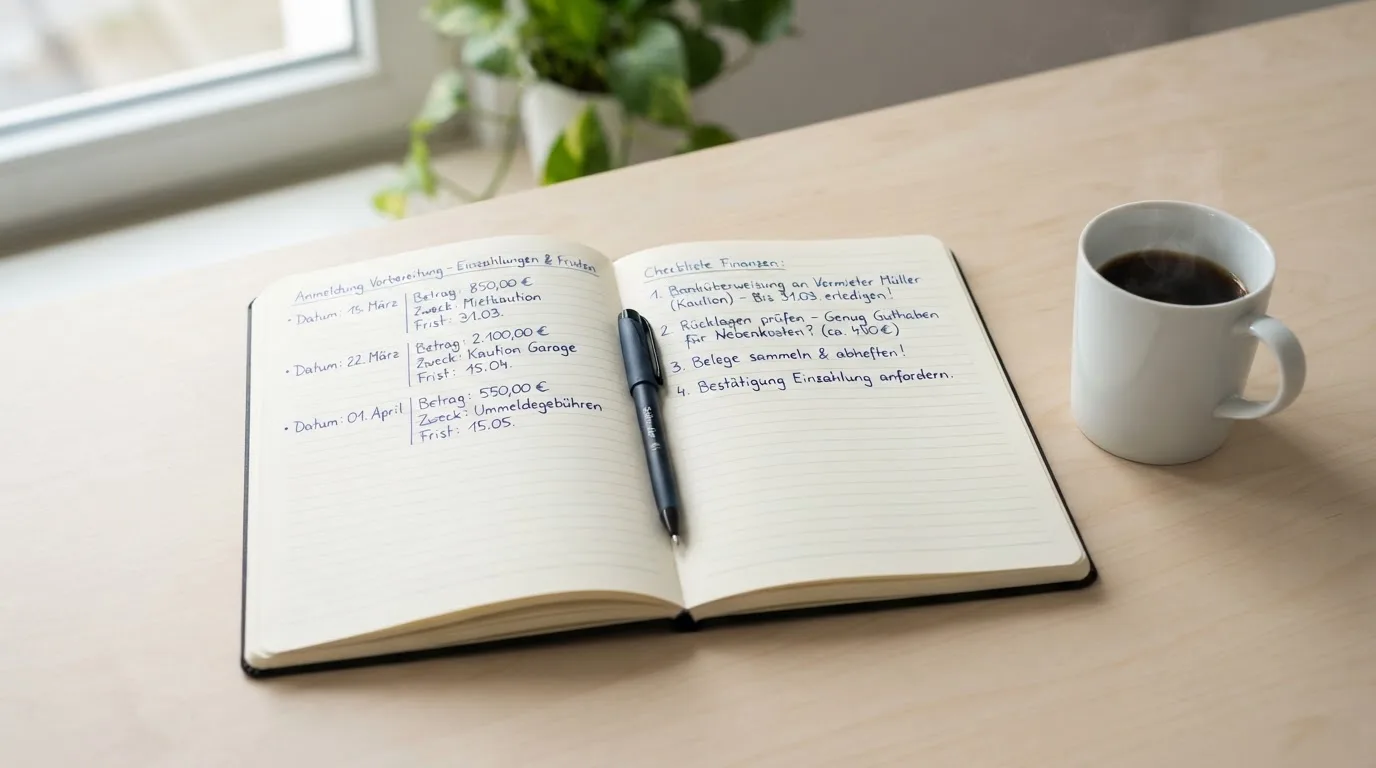 Ein aufgeschlagenes Notizbuch mit handschriftlichen Notizen und ein Kugelschreiber liegen auf einem hellen Schreibtisch neben einer Kaffeetasse.