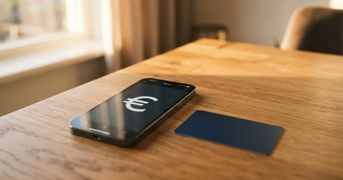 Ein Smartphone liegt mit dem Display nach unten auf einem Holztisch, daneben ein paar Euro-Münzen und eine unbeschriftete Plastikkarte im Morgenlicht.
