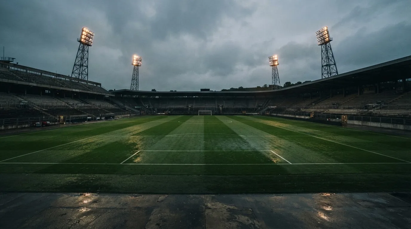 Ein Fußballplatz mit Flutlichtmasten in der Abenddämmerung, aus der Ferne gesehen, leere Tribünen und nasser Rasen unter bewölktem Himmel.