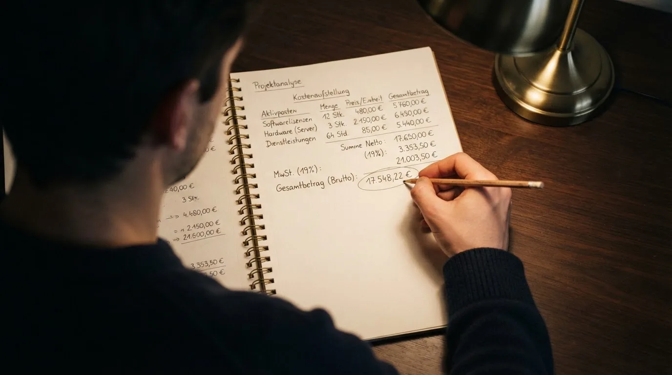 Ein Taschenrechner und ein Blatt Papier mit handschriftlichen Notizen liegen auf einem Schreibtisch unter dem warmen Licht einer Lampe.