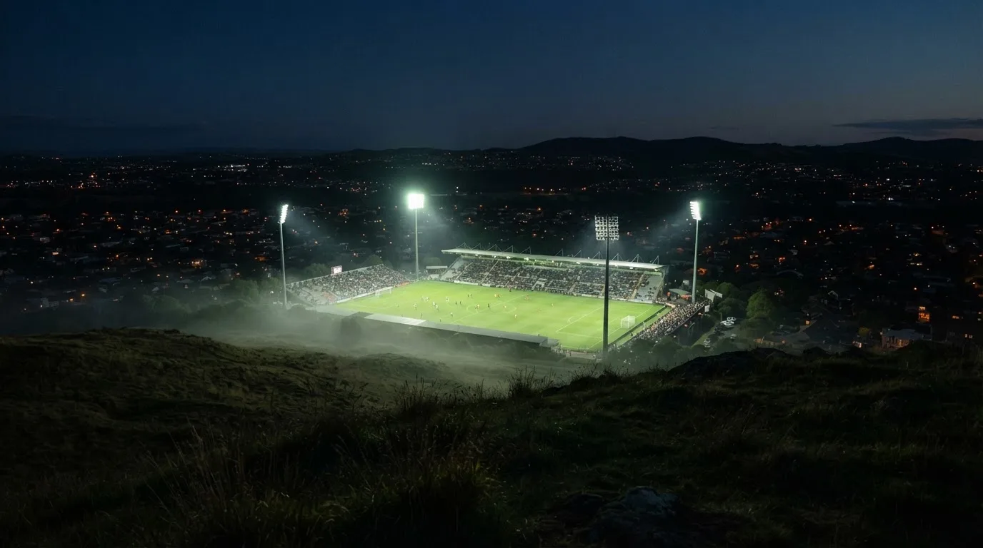 Ein Stadion unter Flutlicht bei Nacht, von einem Hügel aus der Ferne betrachtet, mit Dunst über dem Spielfeld.