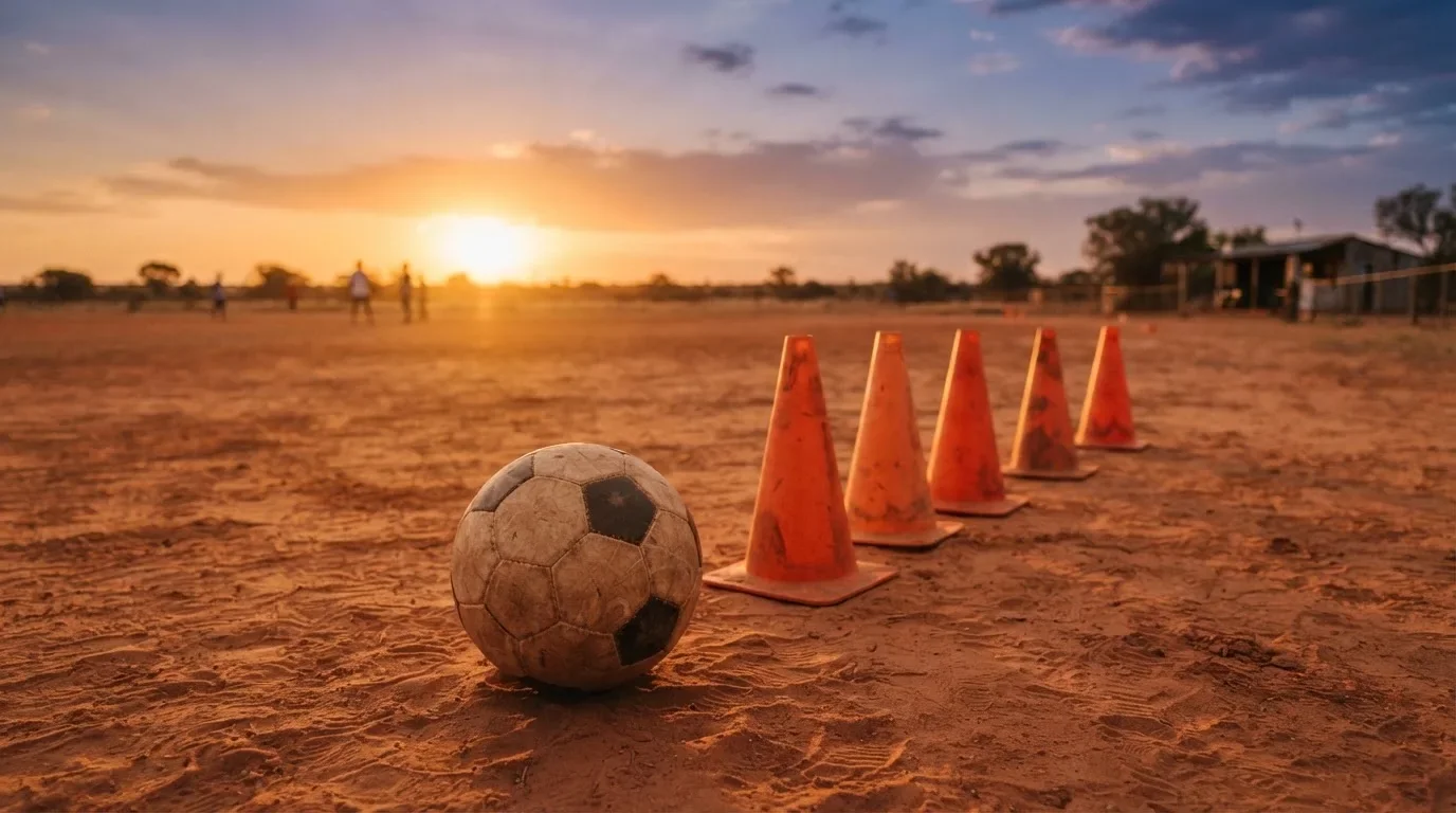 Ein Fußball auf rotem Sandboden neben einer Reihe Hütchen auf einem Trainingsplatz bei untergehender Sonne.
