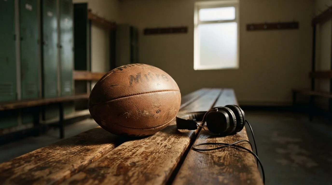 Ein Fußball liegt neben Kopfhörern auf einer Holzbank in einer Umkleide, Licht fällt durch ein schmales Fenster.