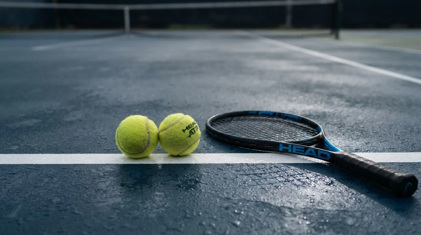 Zwei Tennisbälle und ein Schläger liegen auf der Grundlinie eines Hartplatzes, kleine Wassertropfen glänzen auf dem Belag.