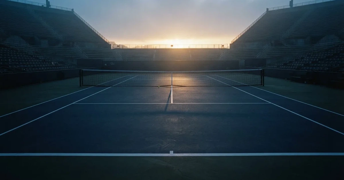Ein leerer Tennisplatz mit Hartplatzbelag in der Morgendämmerung, das Netz im Gegenlicht und lange Schatten der Linien.