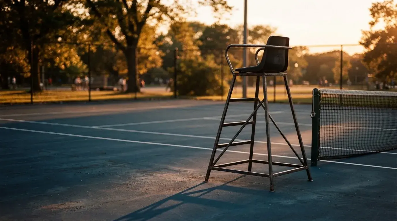 Ein leerer Schiedsrichterstuhl am Spielfeldrand eines Tennisplatzes im Abendlicht, lange Schatten auf dem Belag.