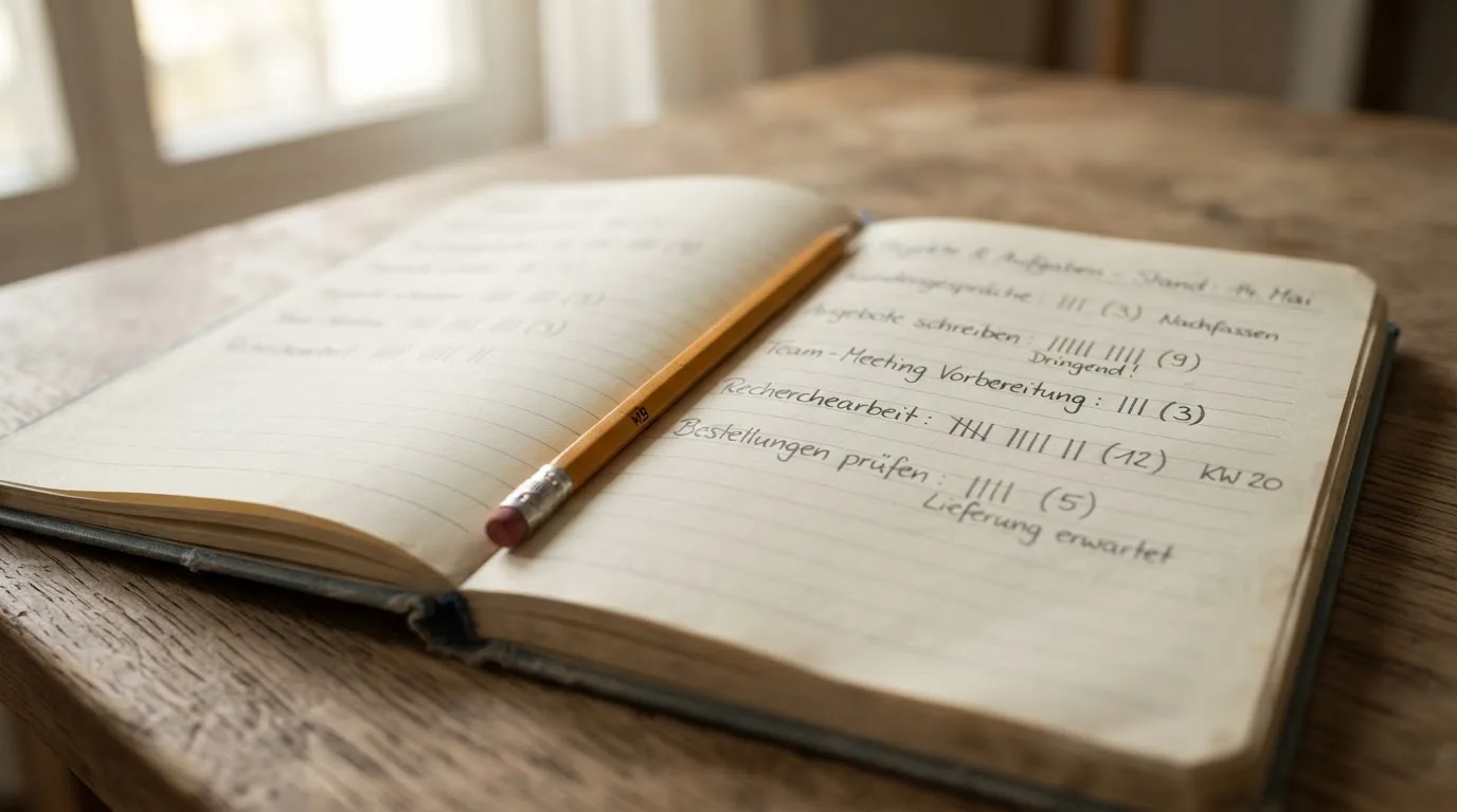 Ein handschriftlich geführtes Heft mit Strichlisten liegt neben einem Bleistift auf einem Tisch, seitlich fällt Tageslicht herein.