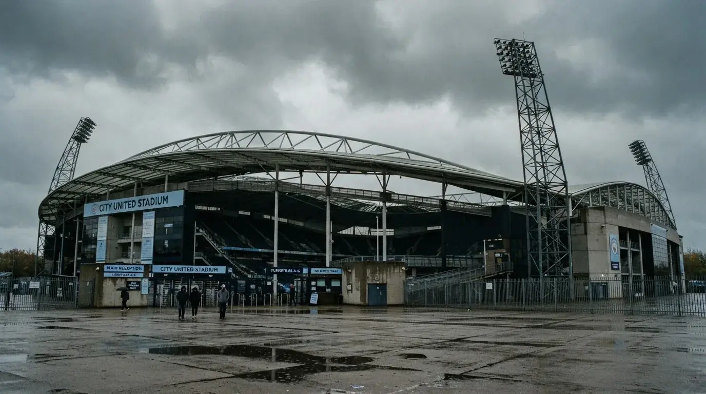 Ein leeres Stadion von außen, hohe Flutlichtmasten vor einem grauen Himmel mit Regenwolken.