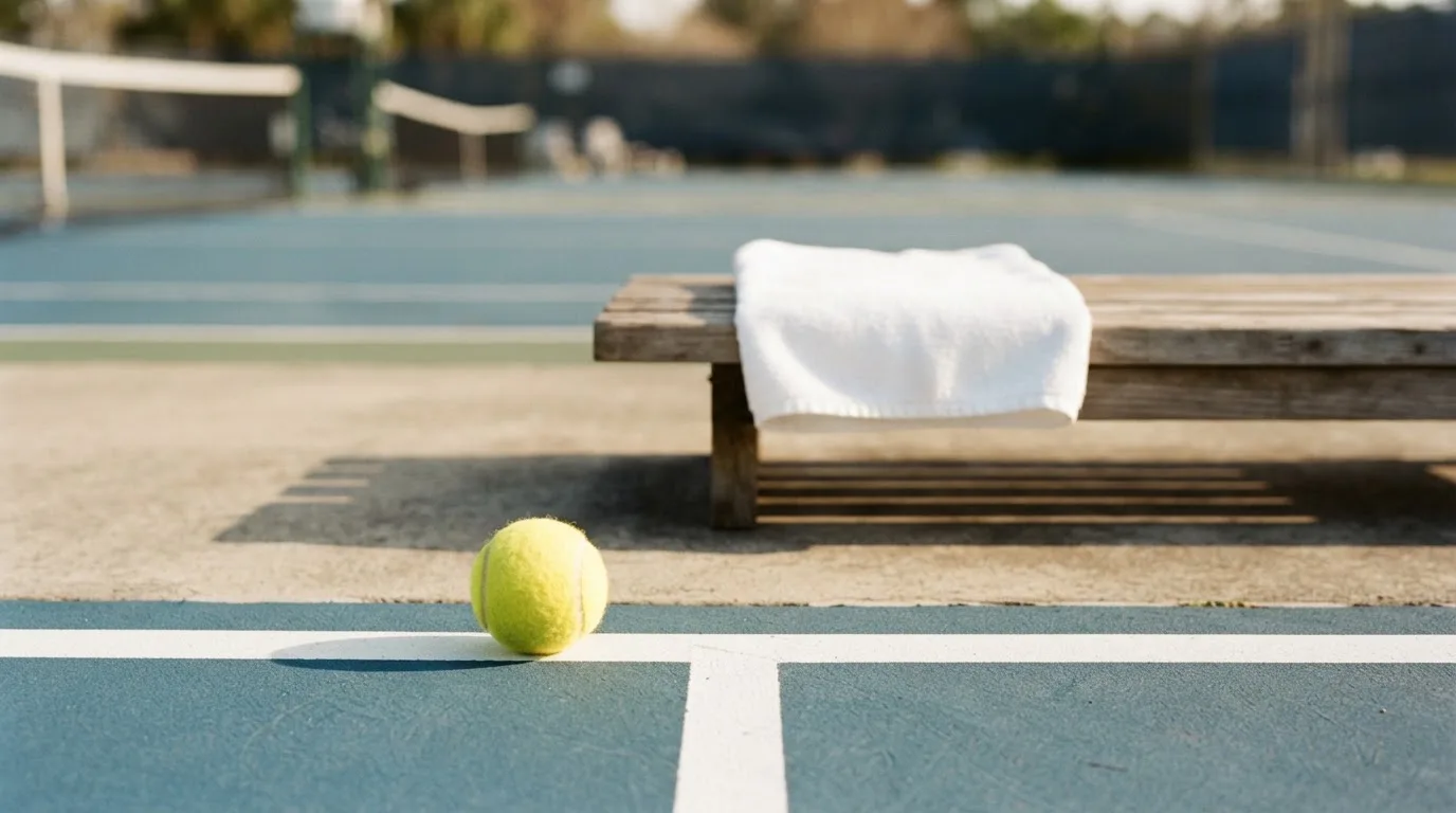 Ein gelber Tennisball liegt auf einer weißen Linie, daneben ein Handtuch auf einer Bank am Spielfeldrand.