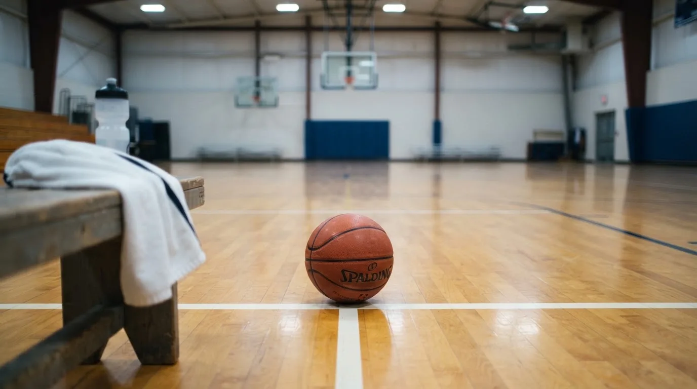 Ein Basketball liegt auf der Freiwurflinie einer Halle, im Vordergrund ein Handtuch auf einer Bank.