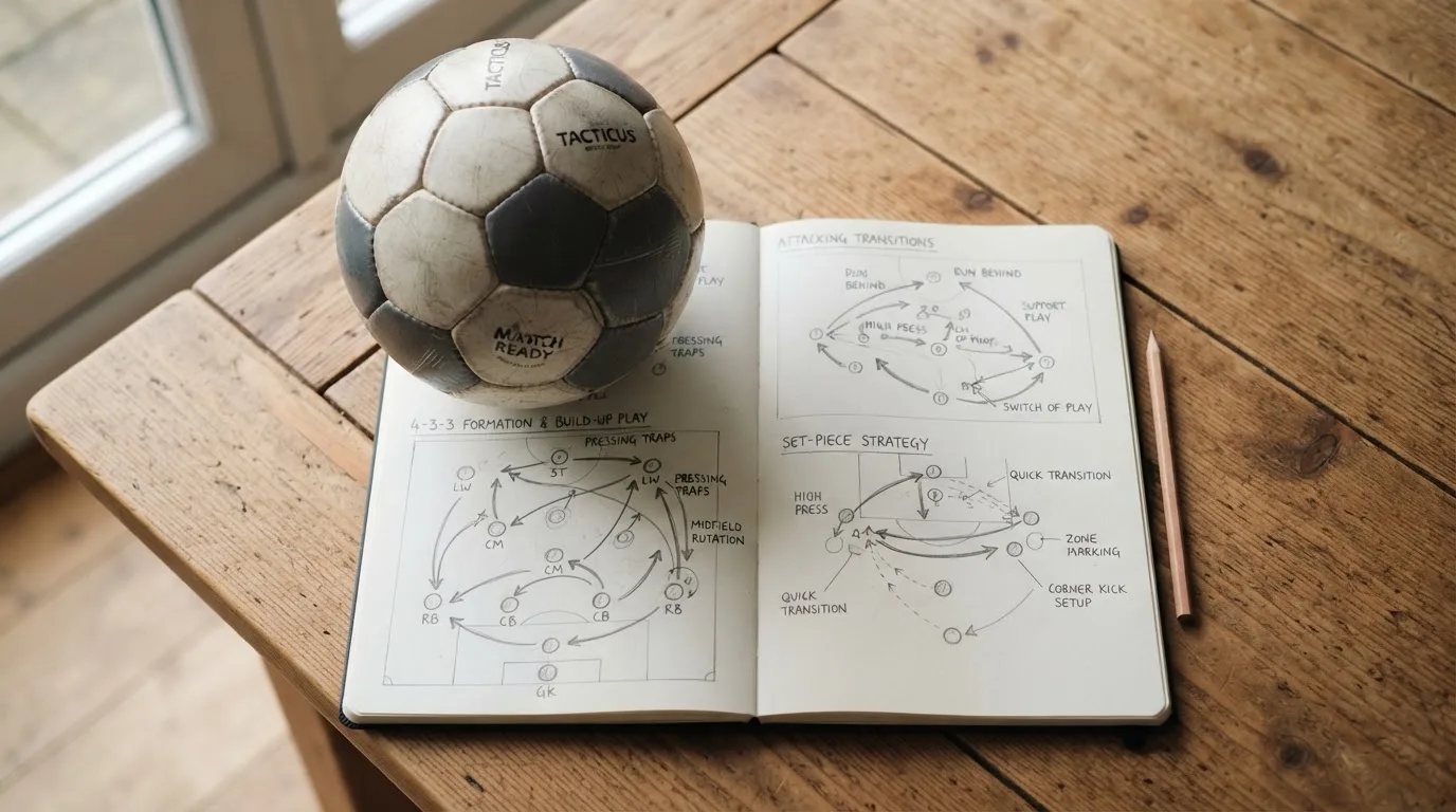 Ein Fußball liegt auf einem Notizbuch mit handgezeichneten Skizzen von Spielzügen, aufgenommen von oben auf einem Holztisch.