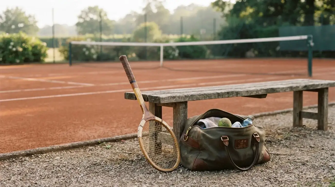 Ein Tennisschläger lehnt an einer Bank neben einer Sporttasche, im Hintergrund ein leerer Platz.