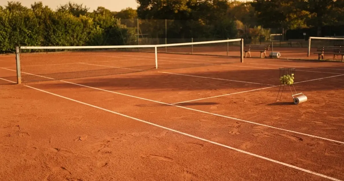 Ein Sandplatz mit frisch gezogenen Linien in der Nachmittagssonne, Netz und Ballkorb am Rand, keine Menschen.