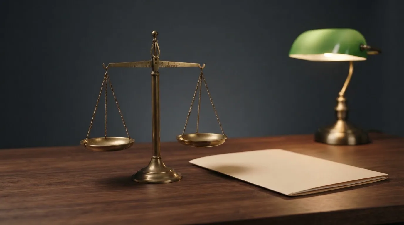 Eine Waage aus Messing und ein geschlossener Ordner ohne Beschriftung stehen neben einer Tischlampe auf einem Schreibtisch.
