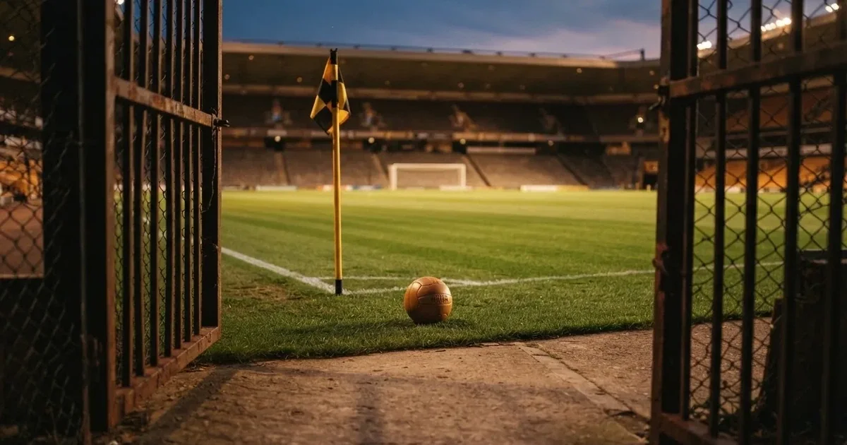 Blick durch ein Stadiontor auf einen grünen Rasen im Abendlicht, ein Ball ruht an der Eckfahne, die Tribünen sind leer.