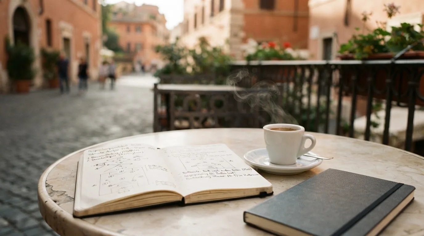 Eine Espressotasse steht auf einem kleinen Marmortisch einer Terrasse, daneben ein Notizheft mit handschriftlichen Skizzen.