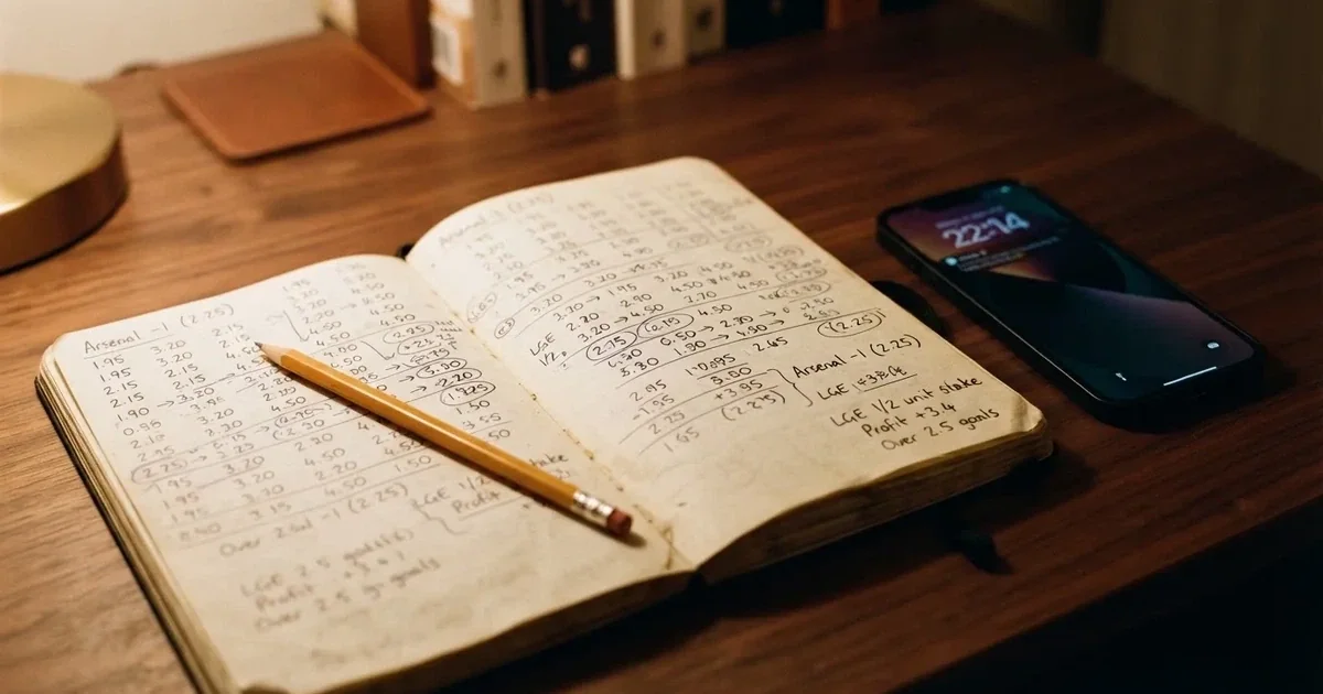 Ein aufgeschlagenes Notizbuch mit handschriftlichen Zahlenreihen und ein Bleistift liegen neben einem Taschenrechner auf einem Schreibtisch.