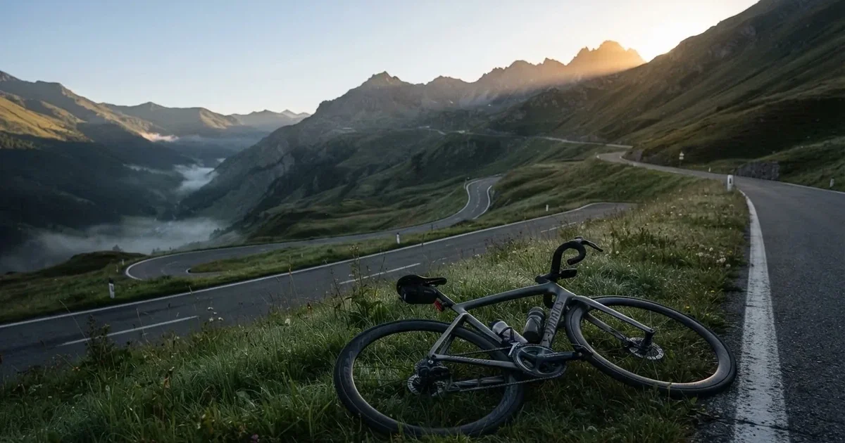 Eine leere Landstraße schlängelt sich im Morgenlicht durch einen Gebirgspass, am Straßenrand liegt ein einzelnes Rennrad im Gras.