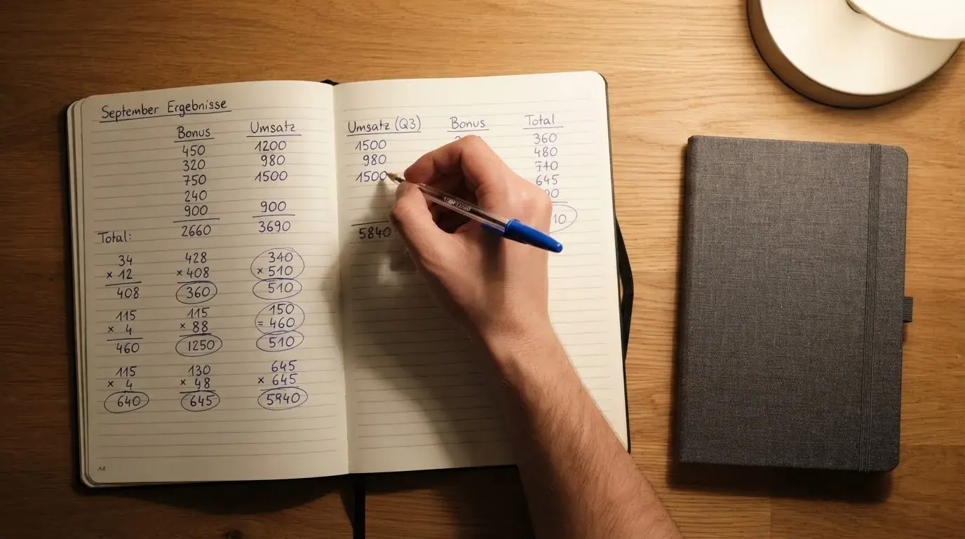 Ein Notizbuch mit handschriftlichen Rechnungen und ein Taschenrechner liegen auf einem aufgeräumten Schreibtisch in warmem Licht.