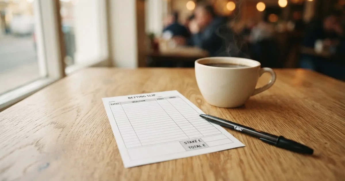 Ein leerer Papier-Wettschein liegt neben einem Kugelschreiber und einer Kaffeetasse auf einem hellen Holztisch, Tageslicht von links.