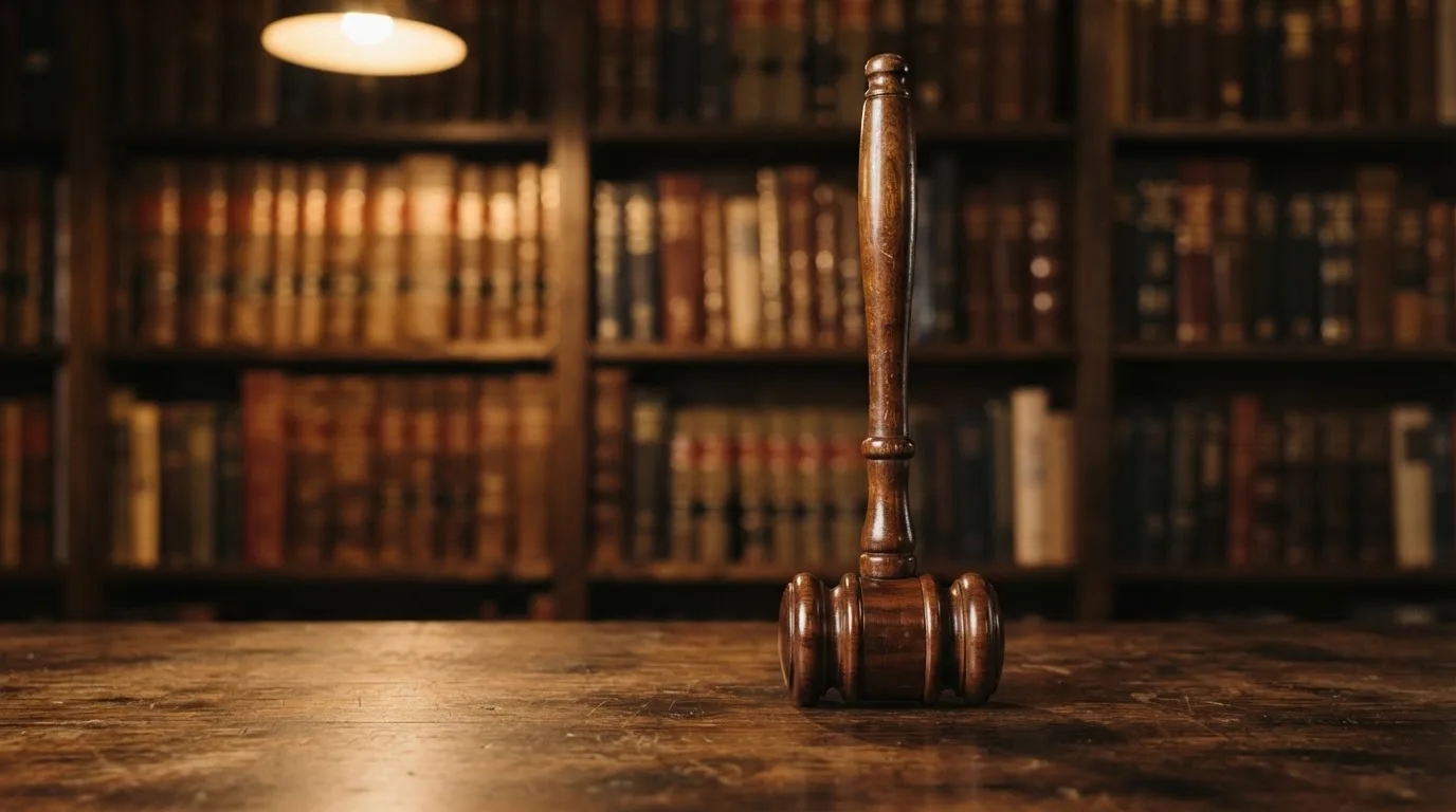 Ein Richterhammer aus Holz steht auf einer dunklen Schreibtischplatte, im Hintergrund ein unscharfes Bücherregal.