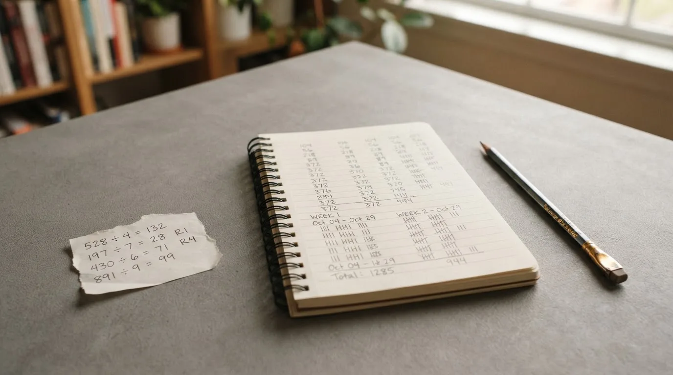 Ein Taschenrechner, ein Bleistift und ein Block mit handschriftlichen Zahlenreihen liegen auf einer grauen Arbeitsfläche.
