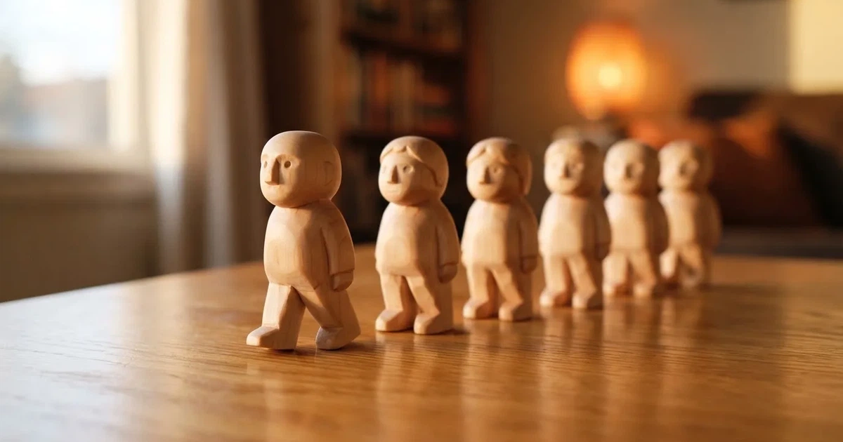 Fünf Holzfiguren stehen in einer Reihe auf einem Tisch, die erste Figur ist leicht nach vorn gerückt.