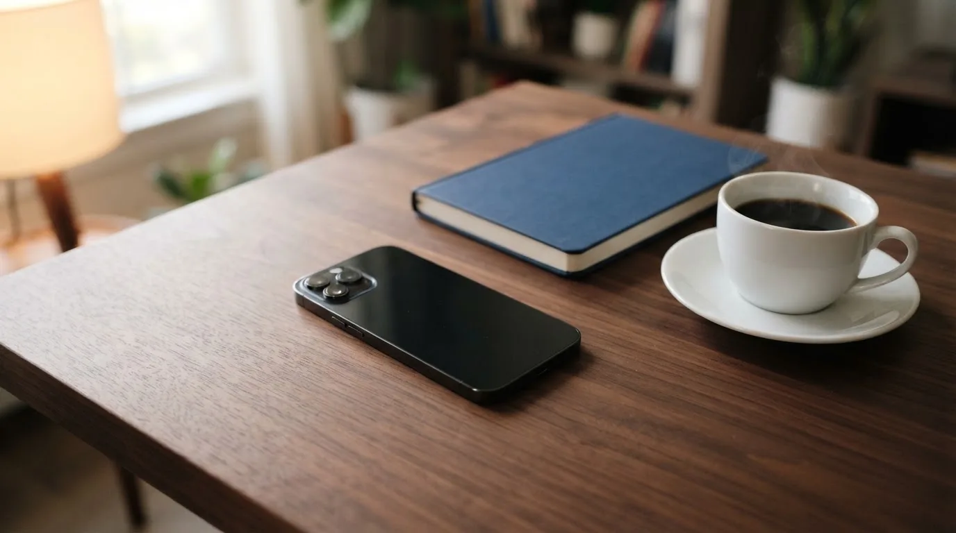 Ein Smartphone liegt mit dunklem Display auf einem Schreibtisch neben einem Notizbuch und einer Kaffeetasse.