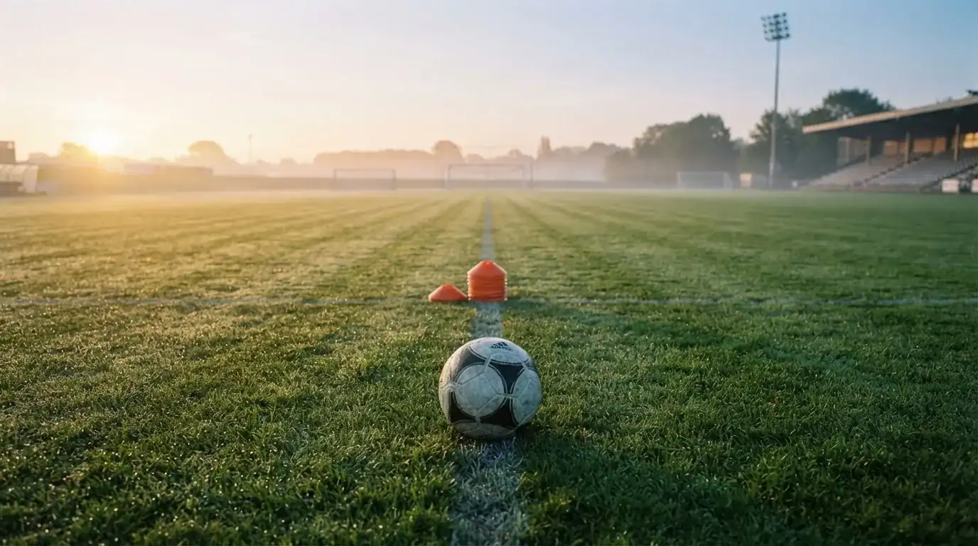 Ein Fußball liegt auf einem Rasenplatz bei Sonnenaufgang, daneben ein kleiner Stapel Trainingshütchen.
