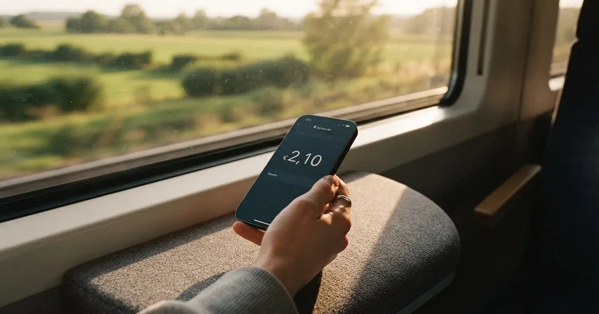 Eine Hand hält ein Smartphone mit dunklem Display in einem Zug, am Fenster ziehen verschwommen Felder vorbei.