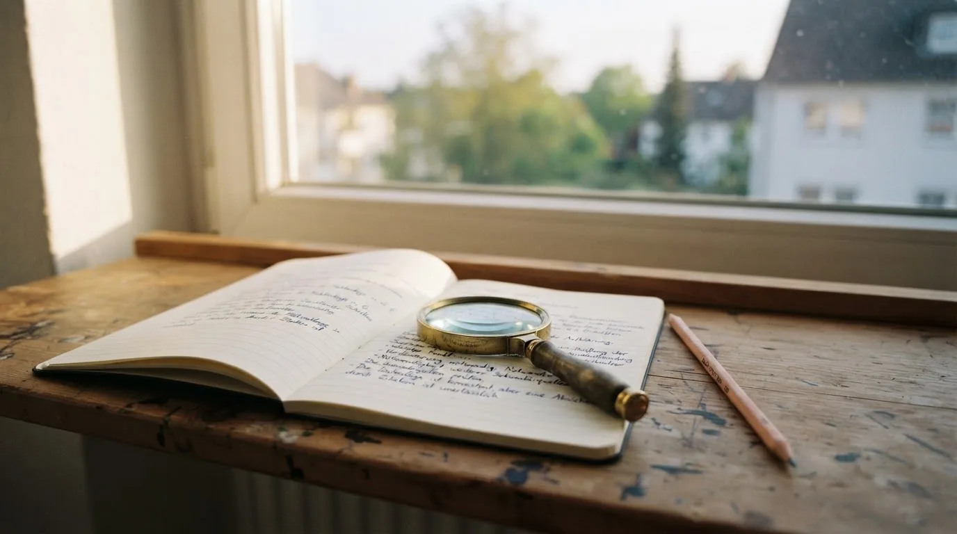 Ein schmaler Schreibtisch am Fenster mit einem Notizbuch, einer Lupe und einem Bleistift im Morgenlicht.
