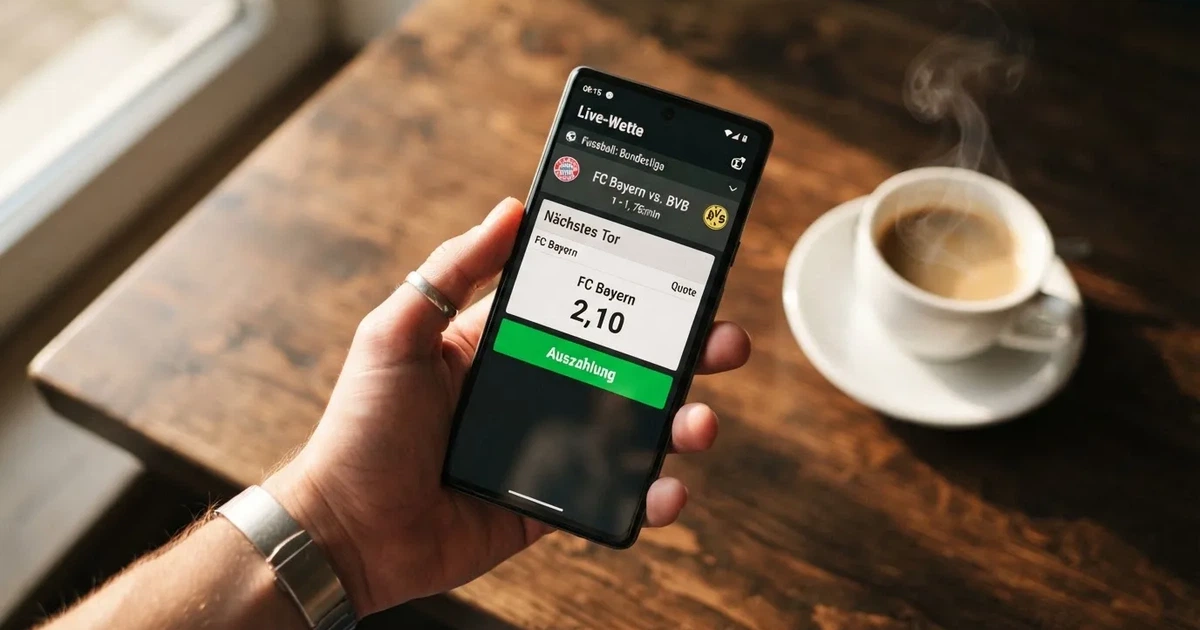 Eine Hand hält ein Smartphone mit dunklem Display, im Hintergrund unscharf ein Café-Tisch mit einer Tasse.