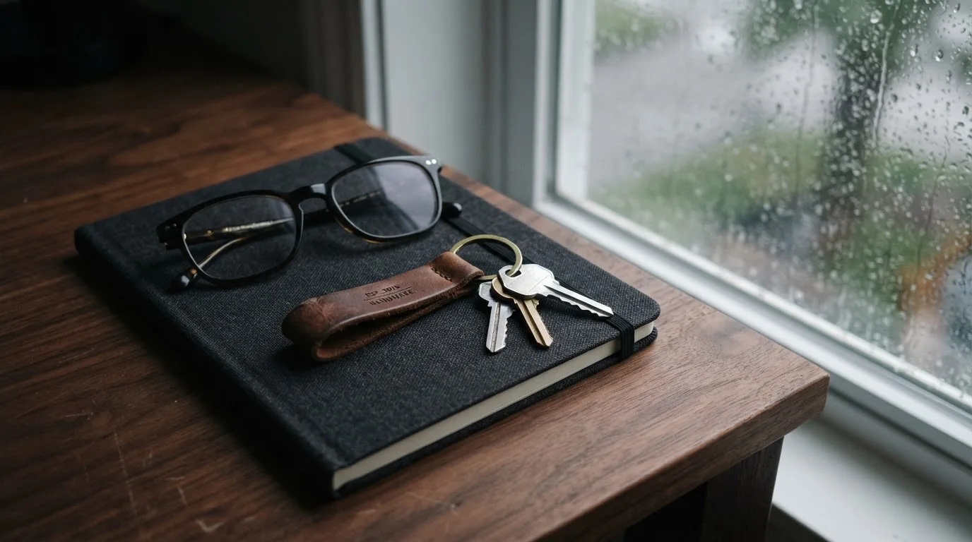 Ein Schlüsselbund und eine Brille liegen auf einem leeren Block neben einem Fenster mit Regentropfen.