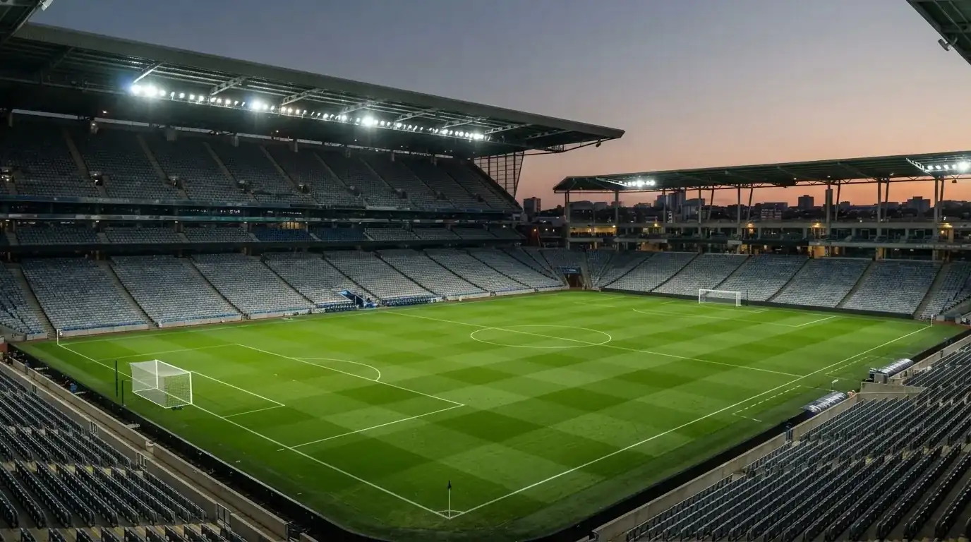 Eine leere Stadiontribüne unter Flutlicht aus der Ferne betrachtet, die Rasenfläche leuchtet grün in der Dämmerung.