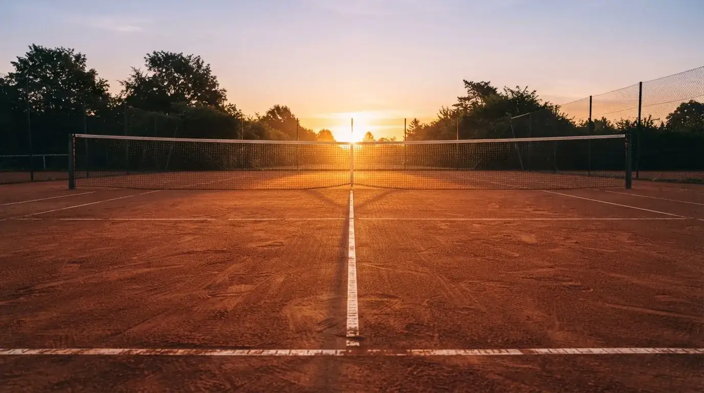 Ein Tennisplatz aus Sand bei Sonnenaufgang, das Netz im Gegenlicht, kein Mensch zu sehen.