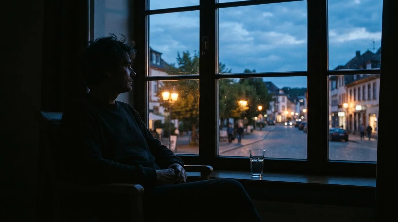 Die Silhouette einer Person sitzt am Abend am Fenster und blickt auf eine Straße, auf dem Fensterbrett steht ein Glas Wasser.