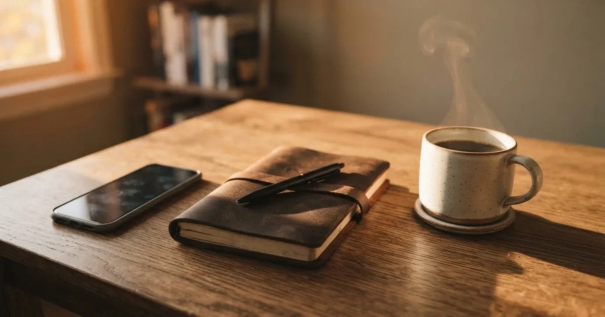 Ein Holzschreibtisch im Morgenlicht mit geschlossenem Notizbuch, Kugelschreiber und Kaffeetasse, daneben ein Smartphone mit dunklem Bildschirm.