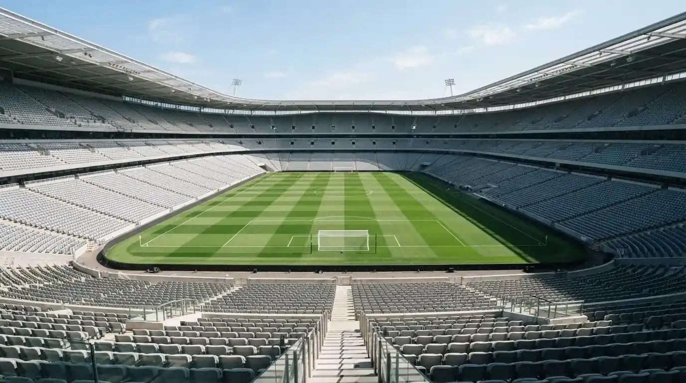 Ein leeres Fußballstadion bei Tageslicht von der Tribüne aus gesehen, der Rasen zeigt gleichmäßige Mähstreifen.