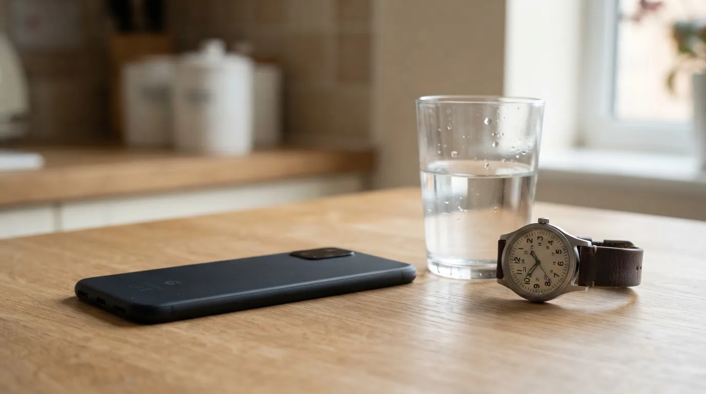 Ein Smartphone liegt mit dem Display nach unten auf einem Küchentisch, daneben stehen ein Glas Wasser und eine Armbanduhr.