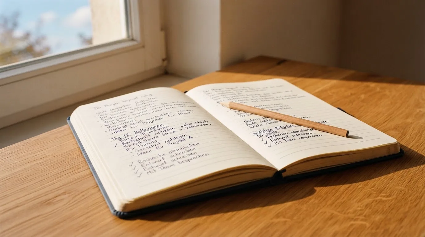 Ein Notizbuch mit handschriftlichen Notizen und ein Bleistift liegen auf einem Schreibtisch am Fenster, draußen fällt Morgenlicht herein.