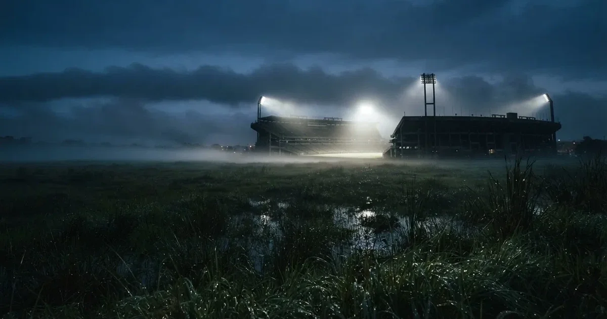 Ein Stadion unter Flutlicht, aus großer Entfernung über eine dunkle Wiese fotografiert, am Himmel zieht Nebel auf.