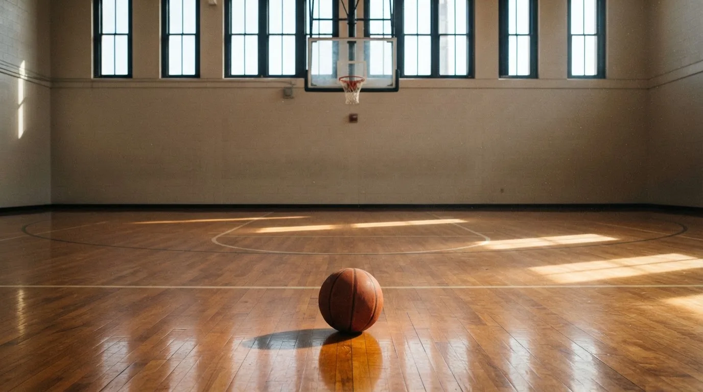 Ein Basketball liegt unter einem Korb in einer leeren Sporthalle, durch hohe Fenster fällt Tageslicht auf den Hallenboden.