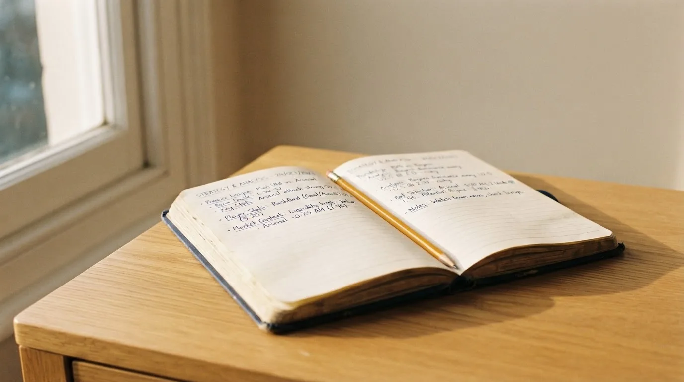Ein Notizbuch mit handschriftlichen Notizen und ein Bleistift liegen auf einem Schreibtisch am Fenster, draußen fällt Morgenlicht herein.