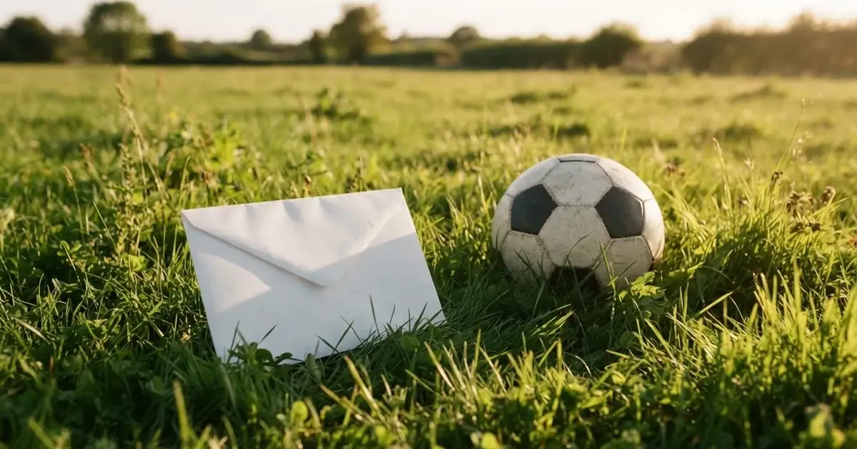 Ein verschlossener leerer Briefumschlag liegt neben einem Fußball auf grünem Rasen im warmen Licht des Nachmittags.