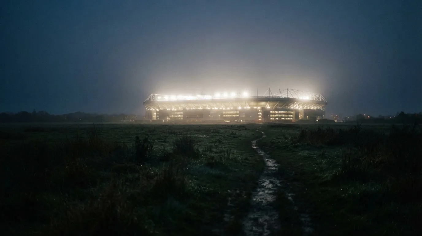Ein Stadion unter Flutlicht, aus großer Entfernung über eine dunkle Wiese fotografiert, am Himmel zieht Nebel auf.
