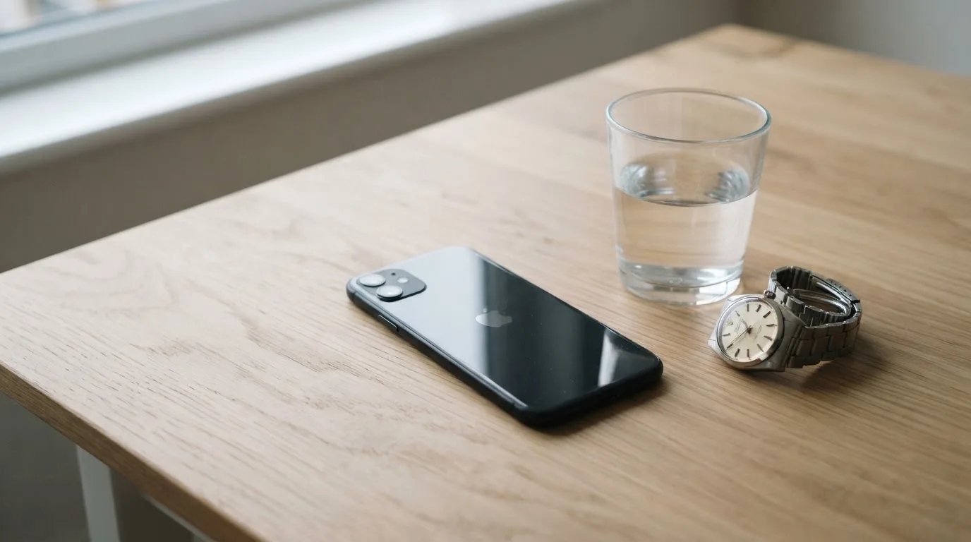 Ein Smartphone liegt mit dem Display nach unten auf einem Küchentisch, daneben stehen ein Glas Wasser und eine Armbanduhr.