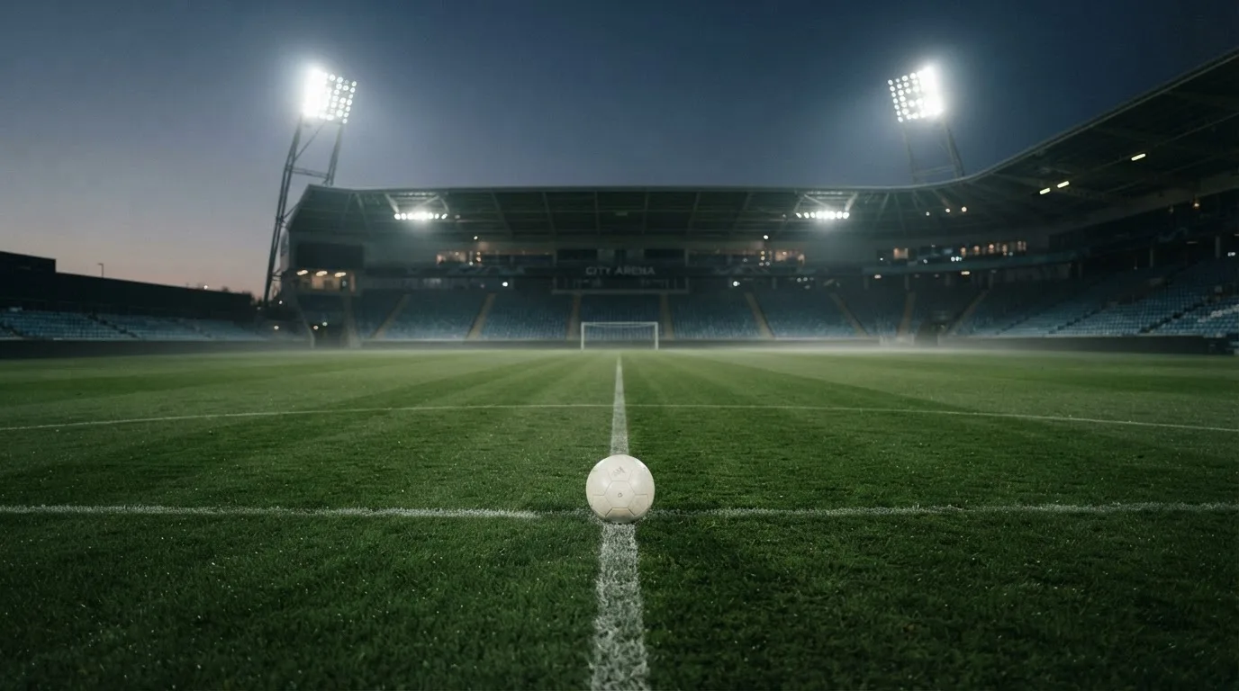 Ein Fußball liegt auf dem Anstoßpunkt eines leeren Rasenplatzes, im Hintergrund steht ein Stadion unter Flutlicht in der Dämmerung.