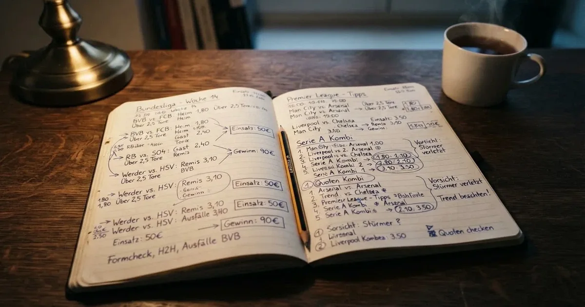 Ein Notizbuch mit handschriftlichen Notizen und Pfeilen liegt aufgeschlagen auf einem Schreibtisch, daneben ein Bleistift und eine Tasse Tee.