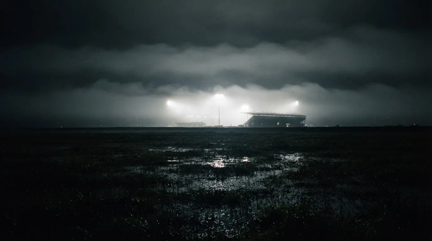 Ein Stadion unter Flutlicht, aus großer Entfernung über eine dunkle Wiese fotografiert, am Himmel zieht Nebel auf.