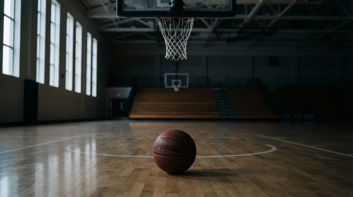 Ein Basketball liegt auf dem Hallenboden unter einem Korb, das Netz hängt ruhig, Morgenlicht fällt durch hohe Fenster.